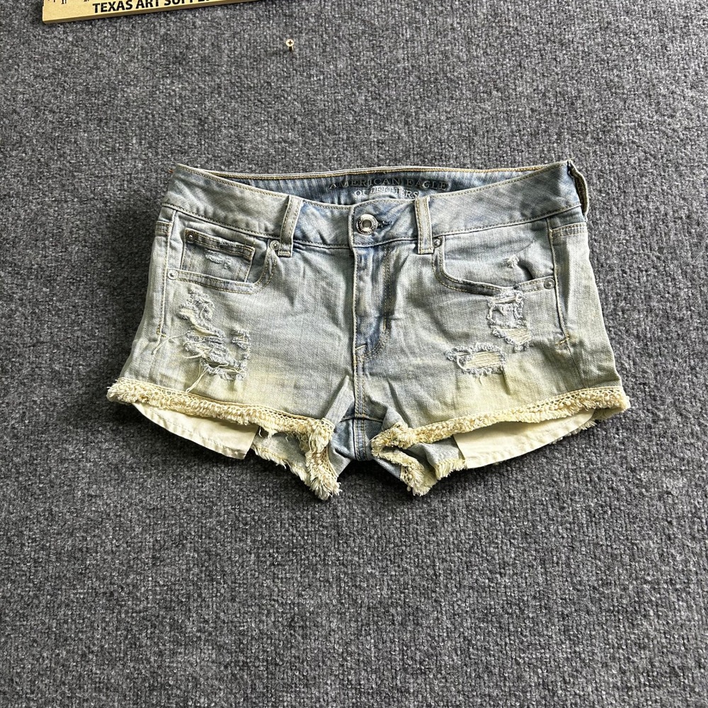 American Eagle Shorts Womens 30 Blue Distressed Crochet Trim Stretch Low Rise